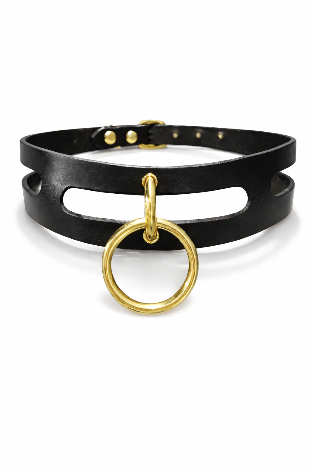 Black leather choker with gold ring and hardware on a white background The Loussine
