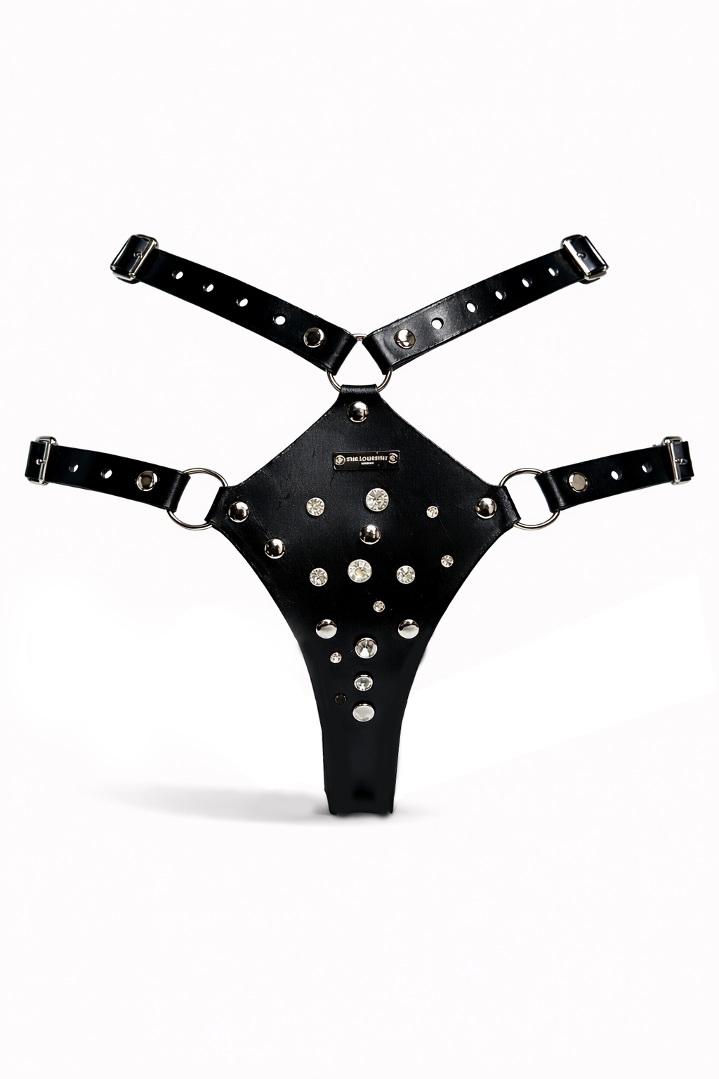 Black leather thong with studs on a white background