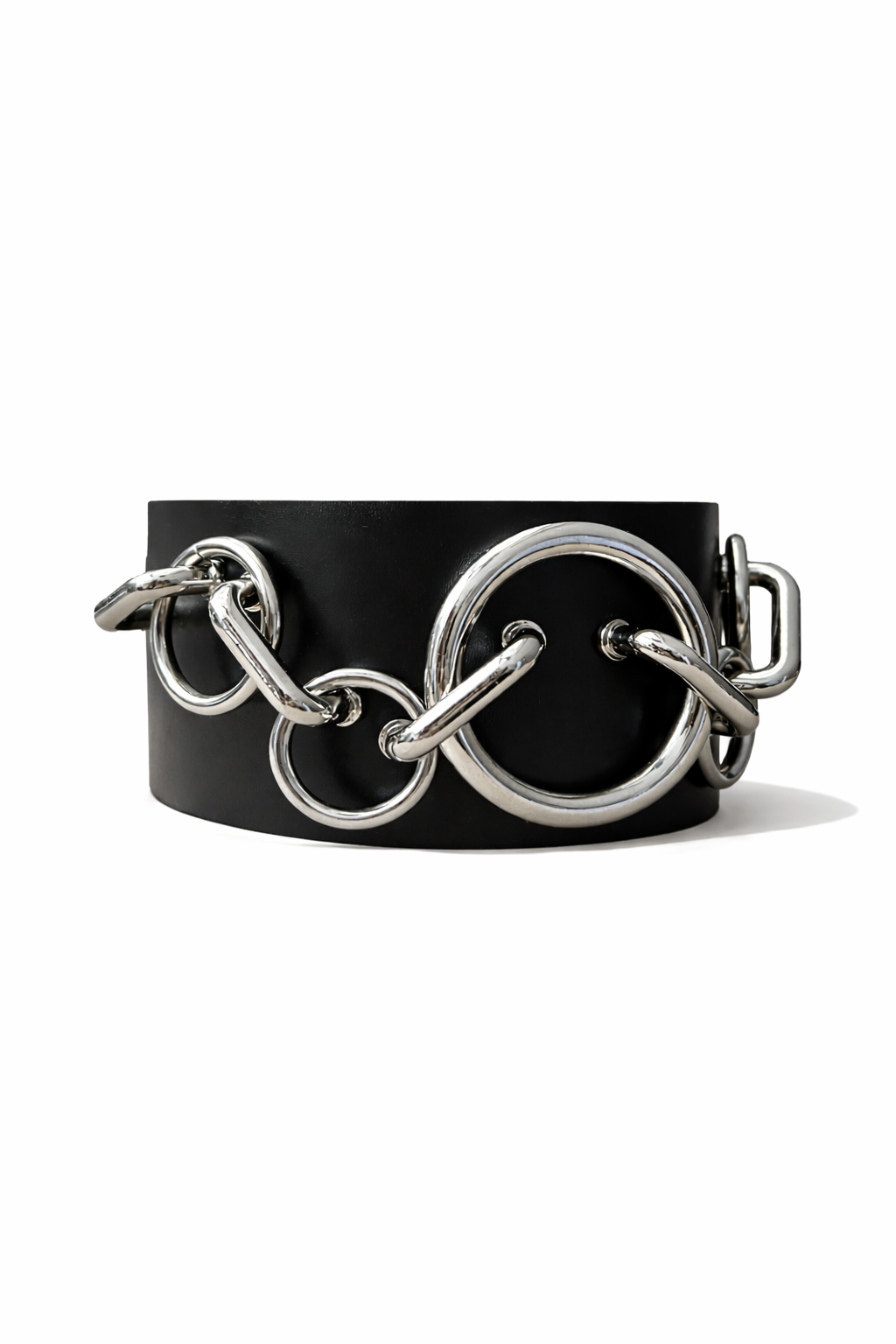 Black leather choker with silver chain detailing on a white background