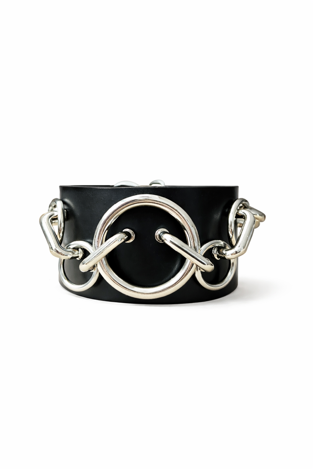 Black leather collar with silver chain design on a white background