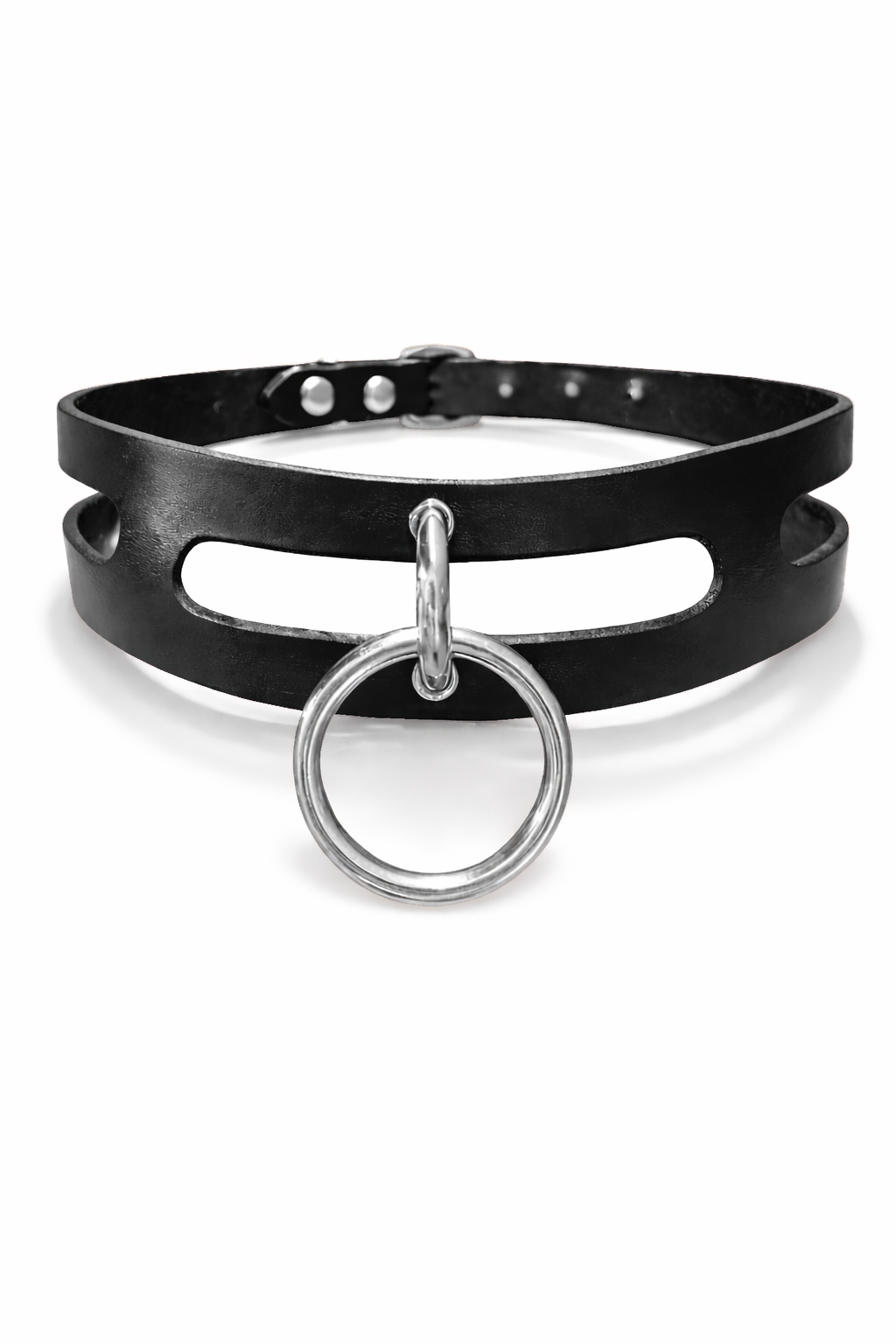Black leather choker with silver ring on a white background The Loussine
