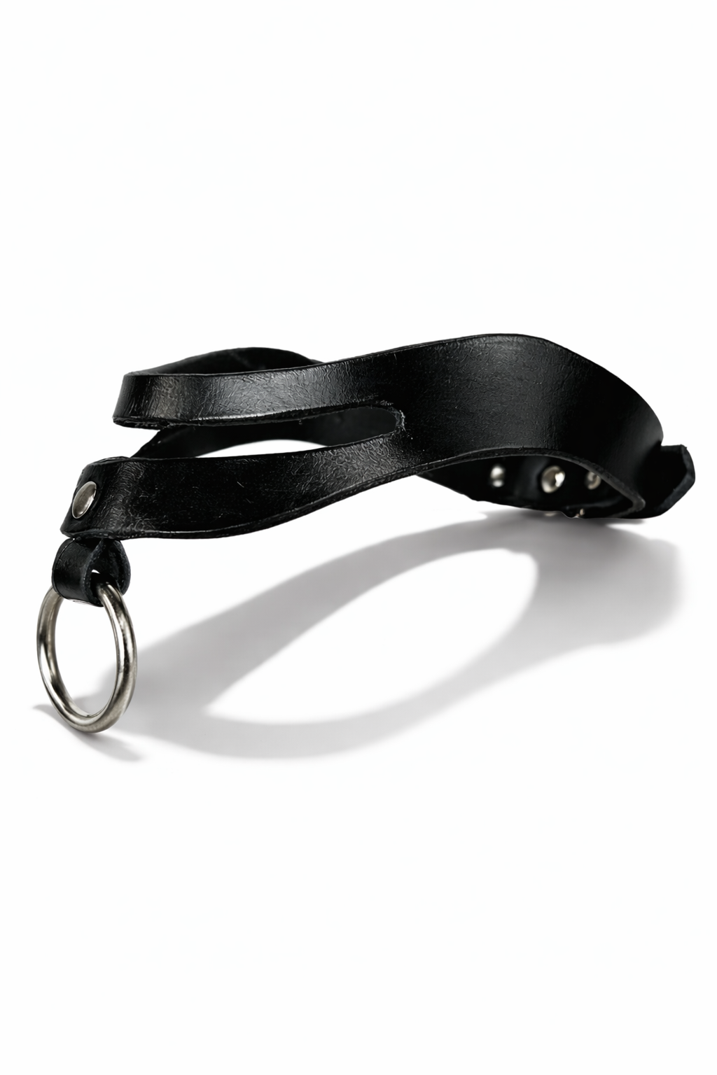 Black leather choker with a metal ring on a white background