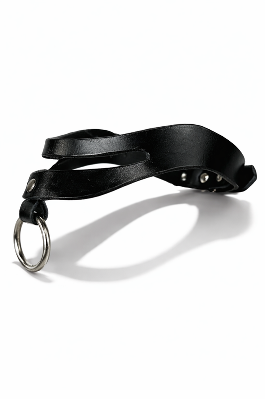 Black leather choker with a metal ring on a white background
