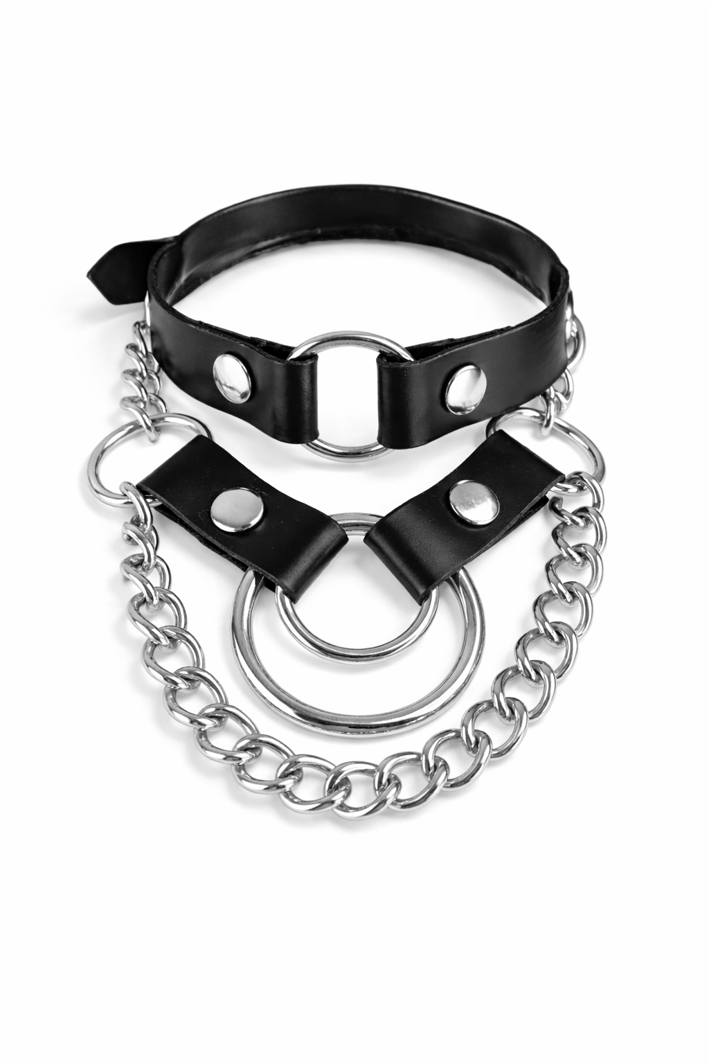Black leather choker with metal chain on a white background The Loussine