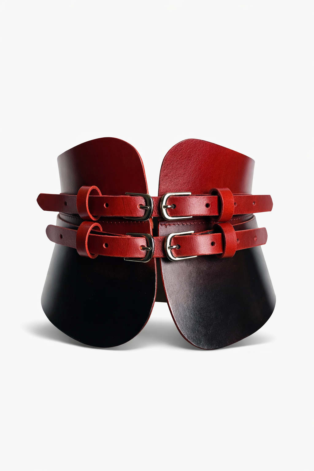 hand painted leather belt with silver buckles on a white background