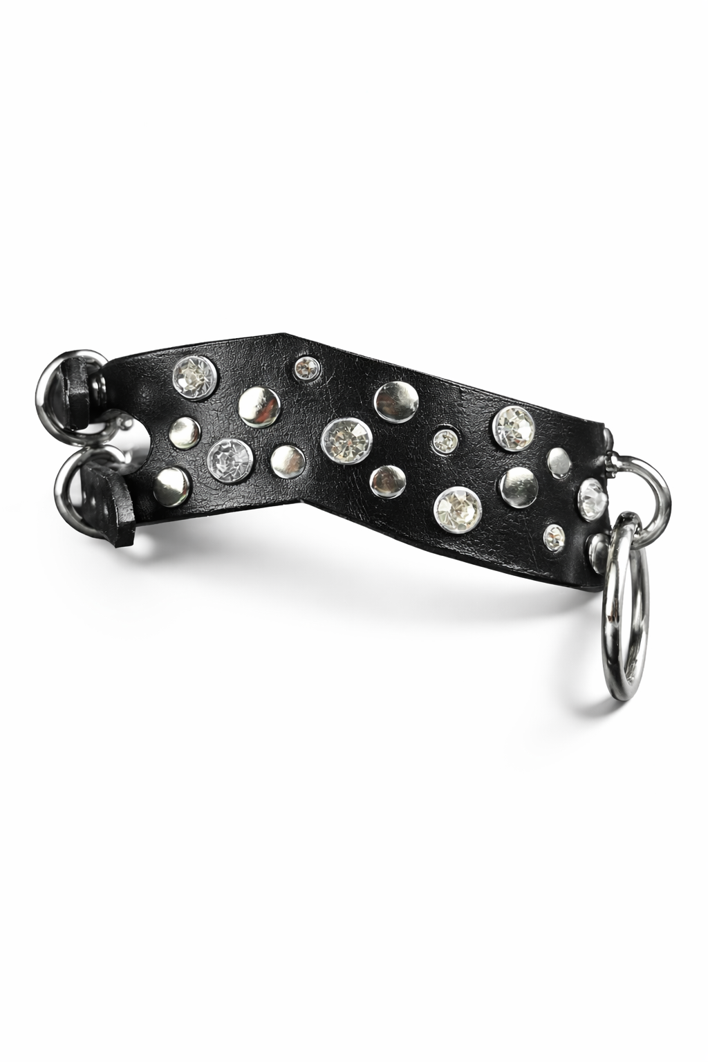 Black leather accessory with silver studs and a ring on a white background