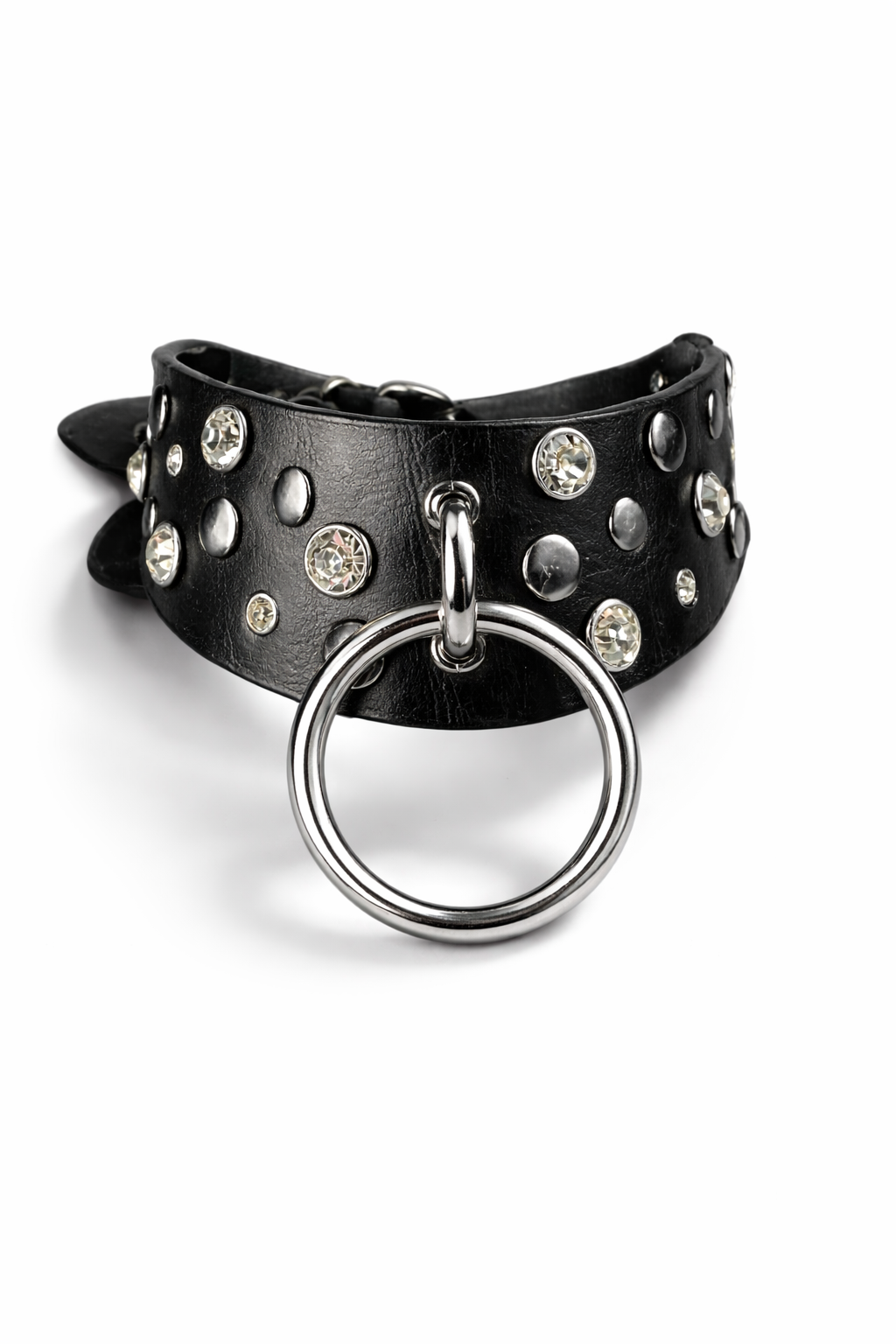 Black leather choker with studs and a silver ring on a white background