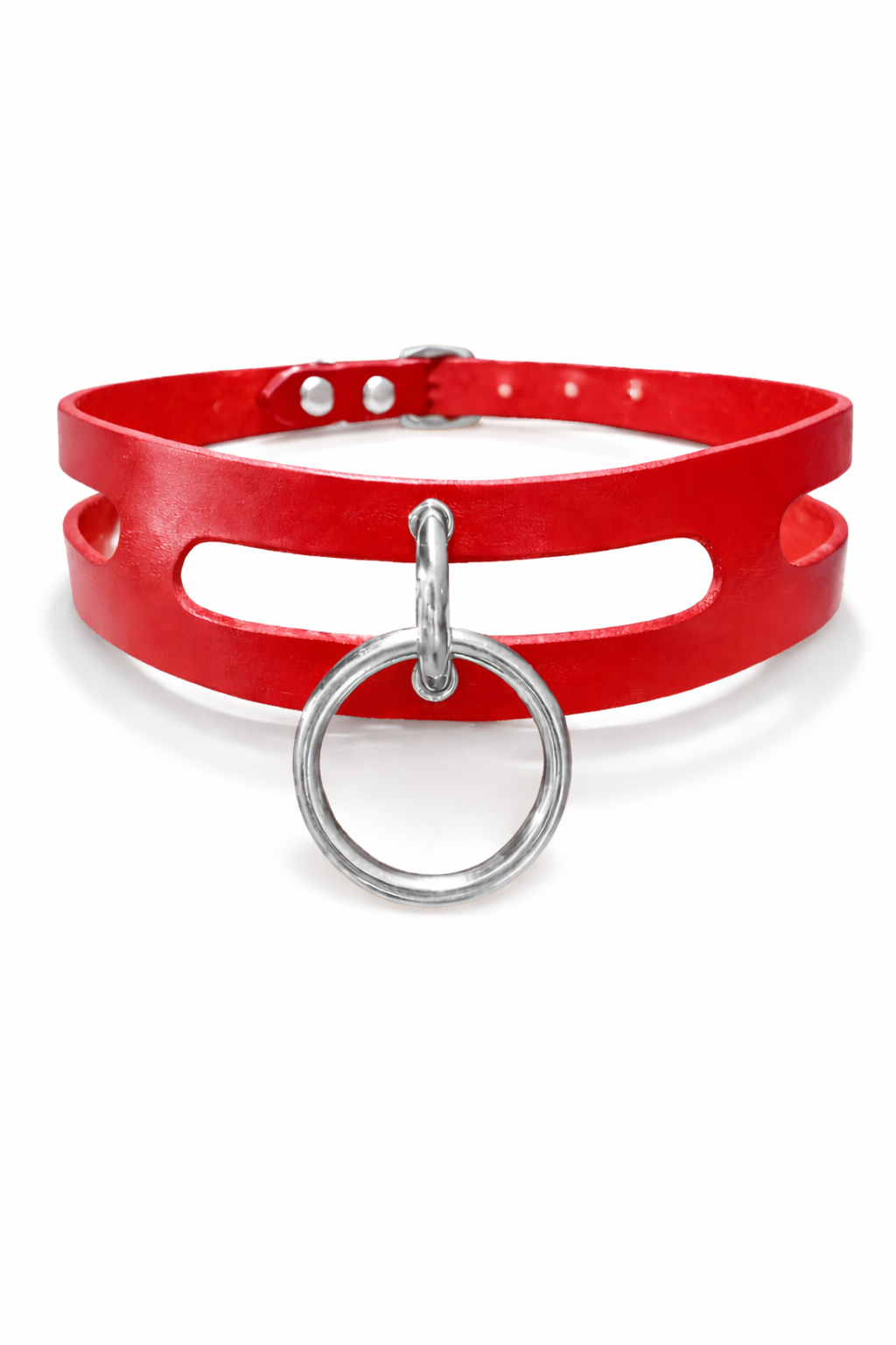 Red leather choker with silver hardware on a white background The Loussine