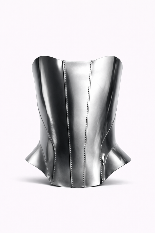 Silver metallic corset on a white background